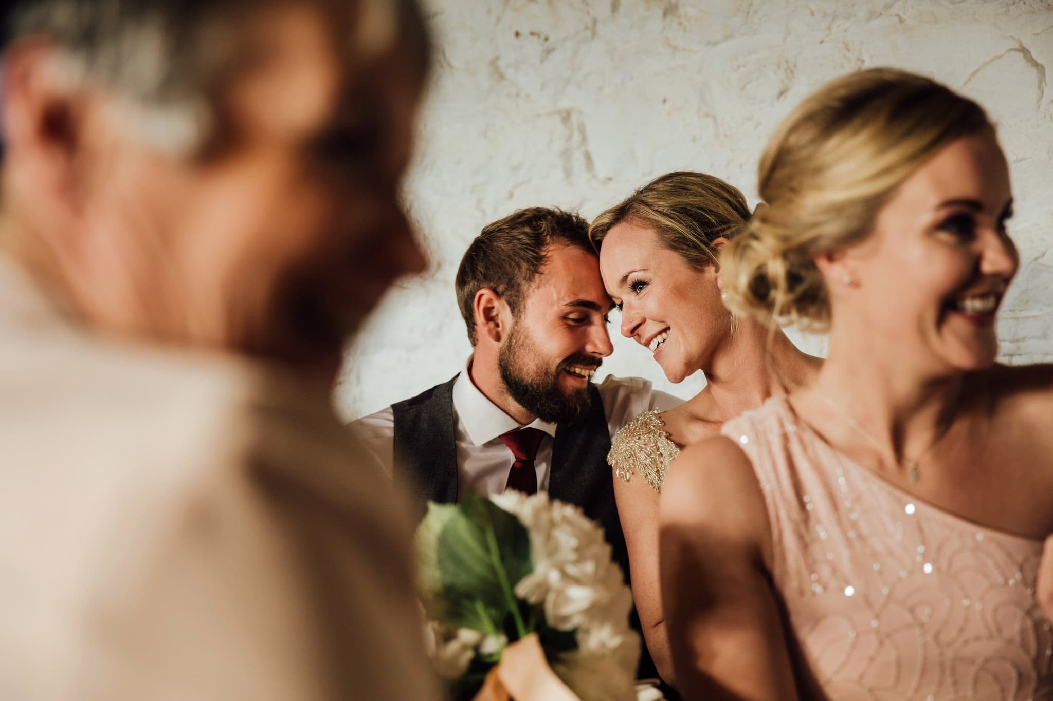 Bride Groom heads together emotional speeches