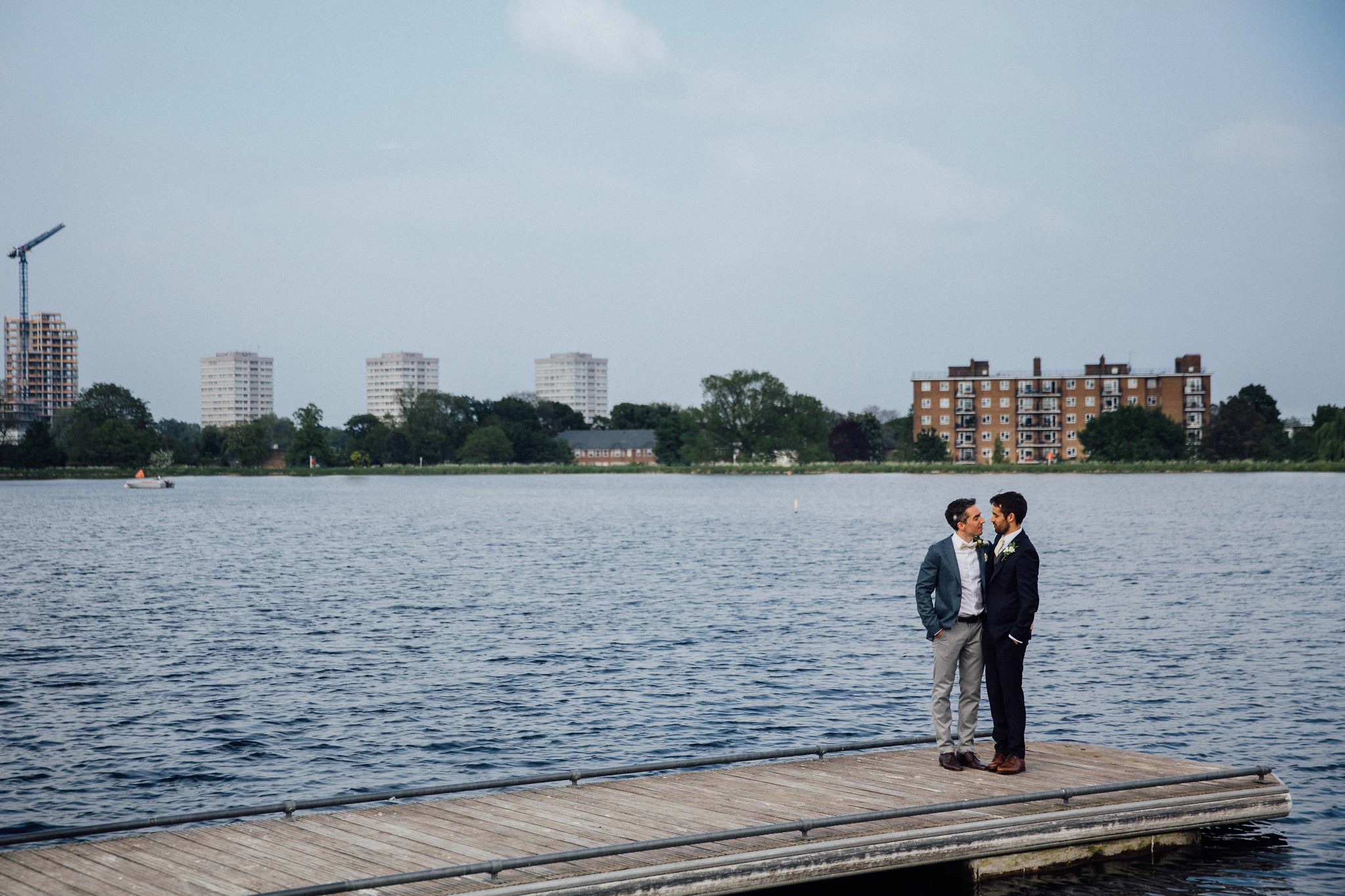london reservoir backdrop for same sex wedding portraits