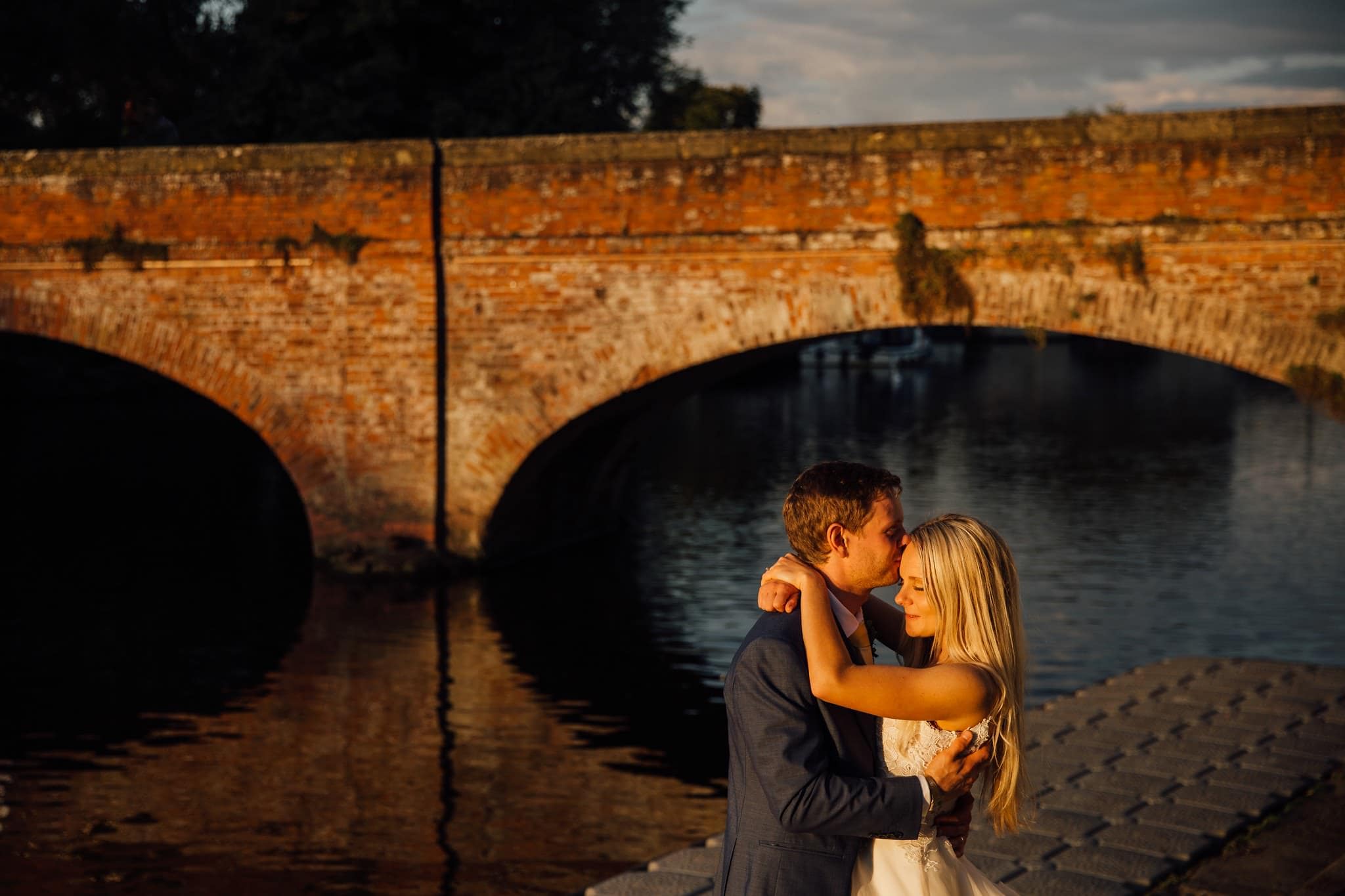 sunset portrait bridge bride