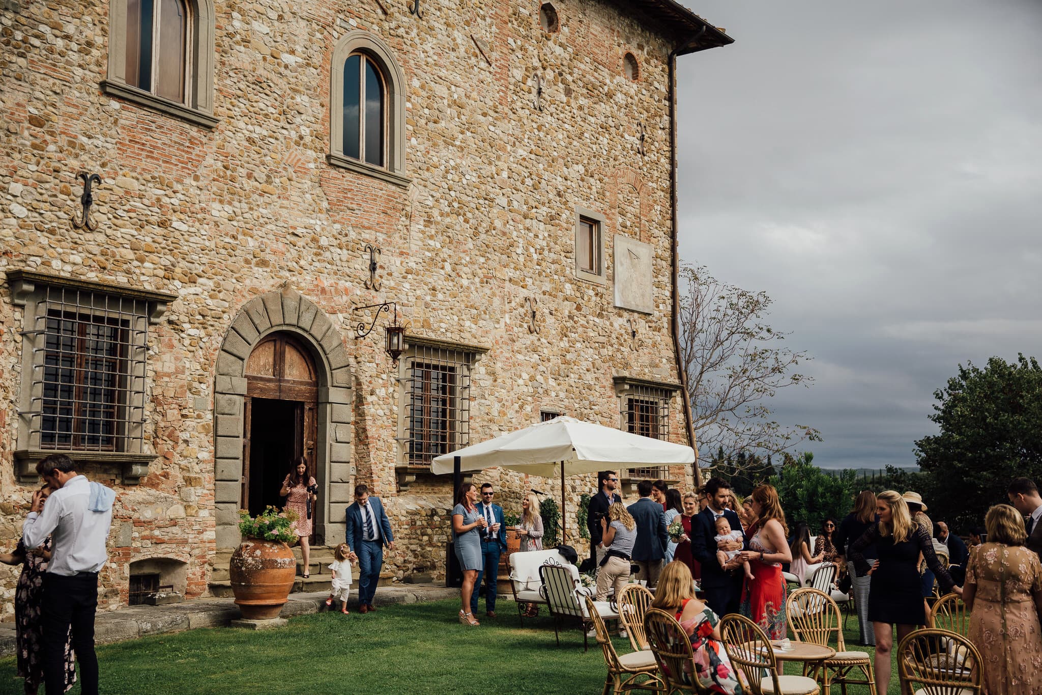 Wide shot of guests at Castello wedding in Tuscany