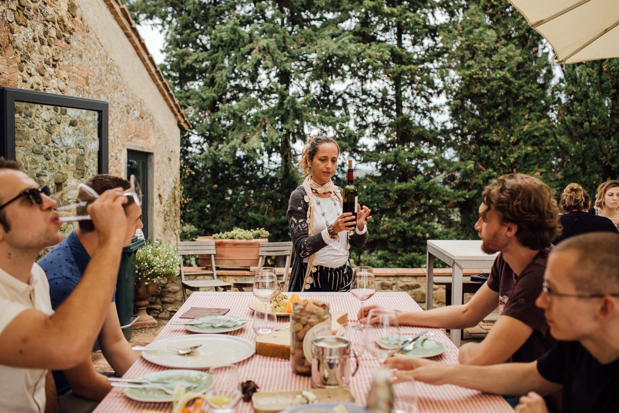 wine tasting on wedding morning in Tuscany