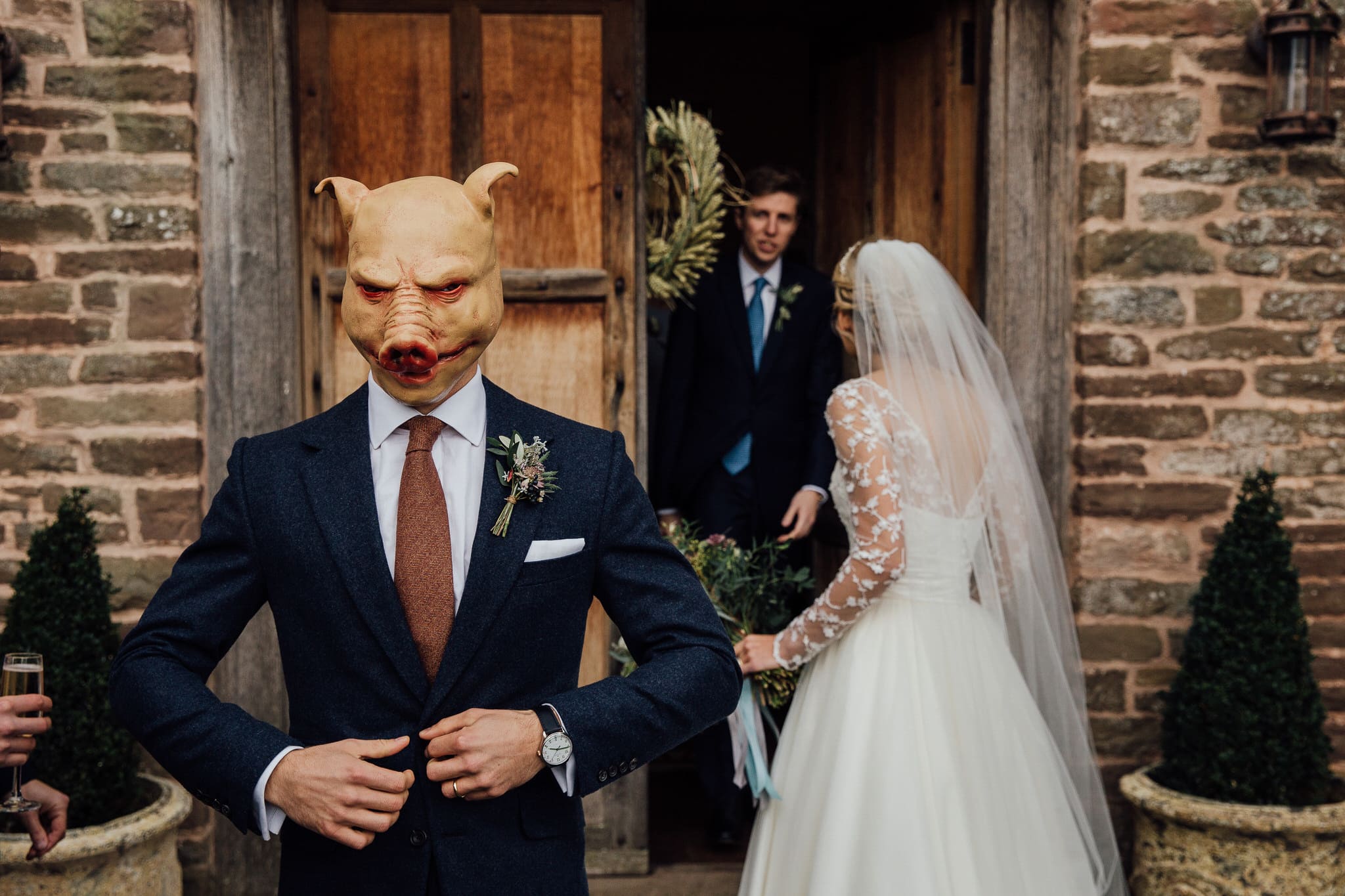 funny moment groom wearing pig mask