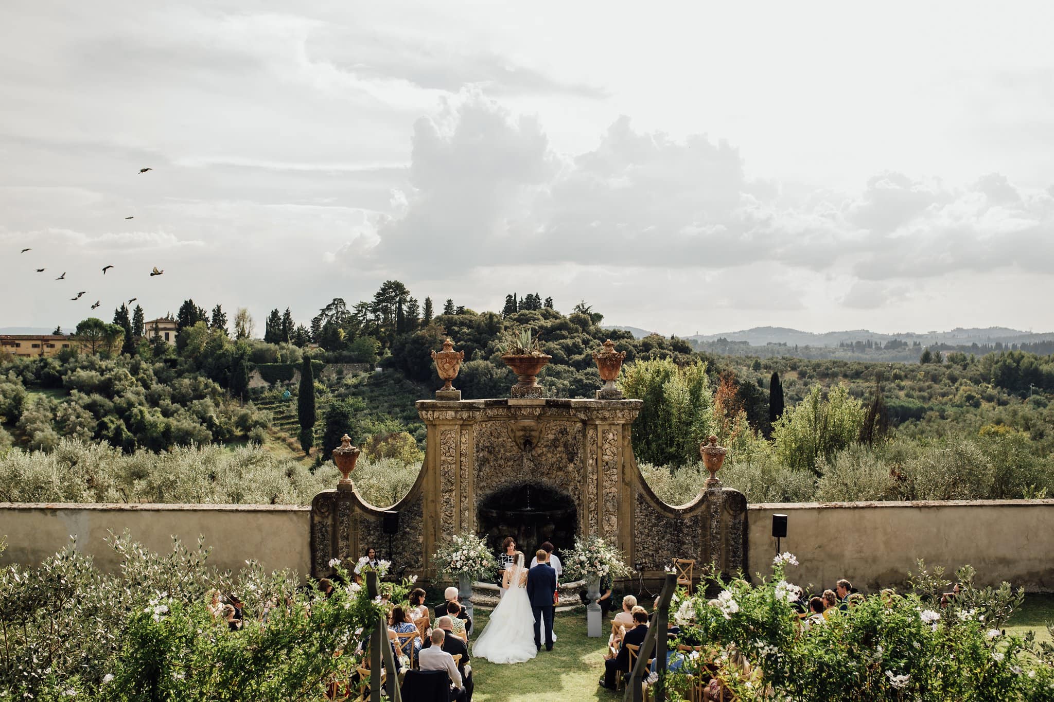 wide angle of panoramic views of Tuscany at Villa Medicea di Lilliano, Florence, Italy, Destination Wedding