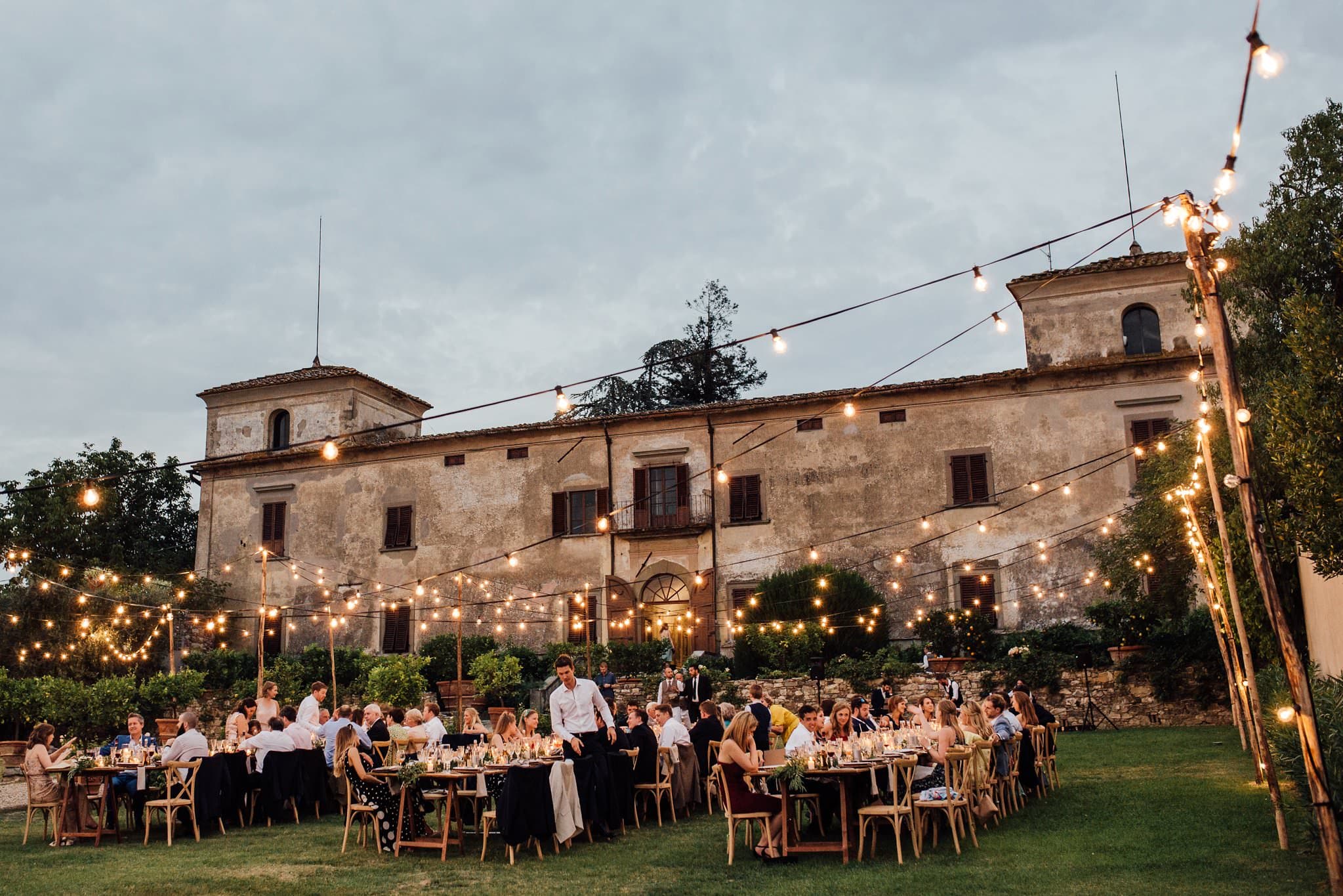 Villa Medicea di Lilliano at dusk, lit by festoons