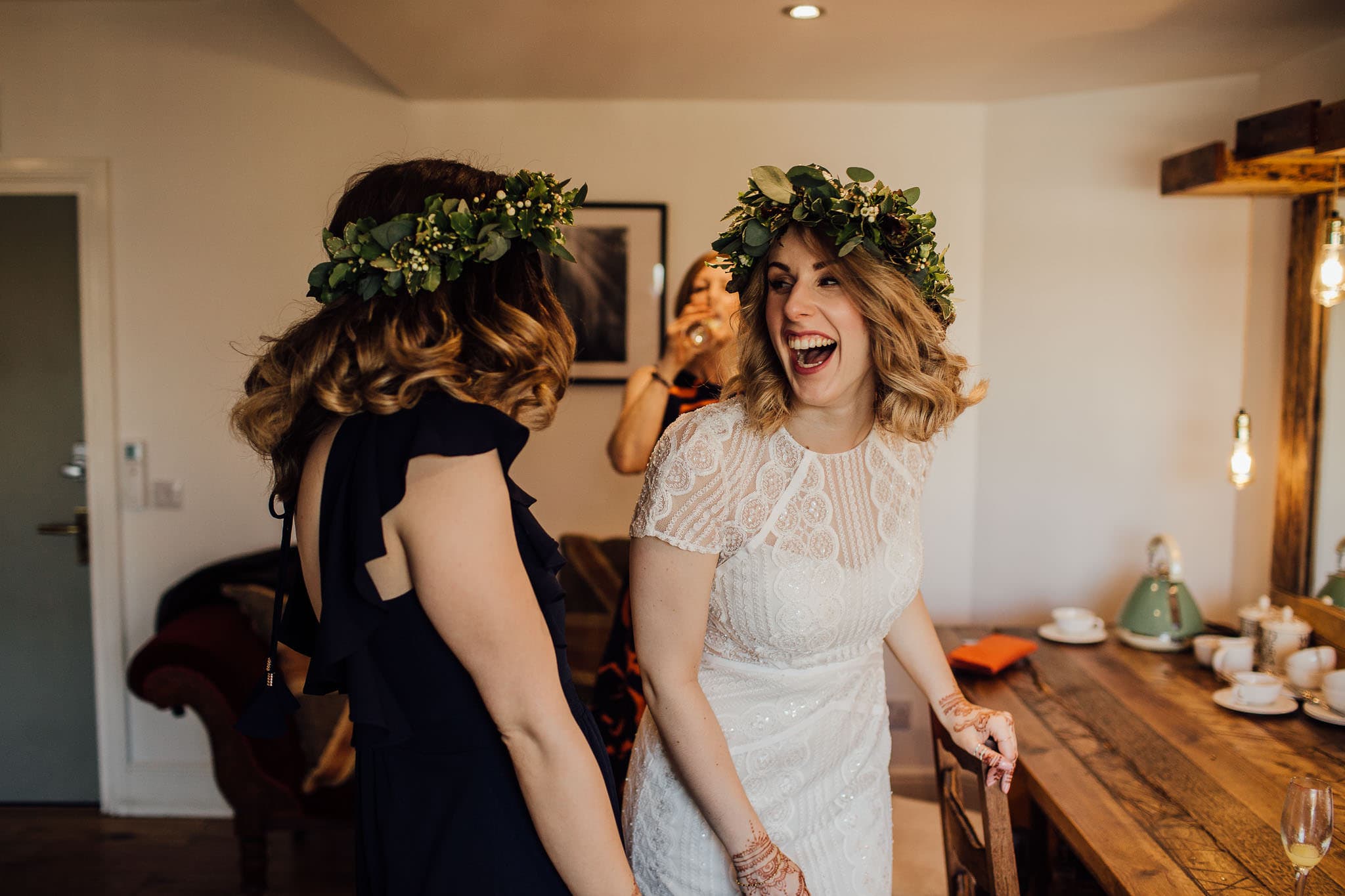 bridal party laughing