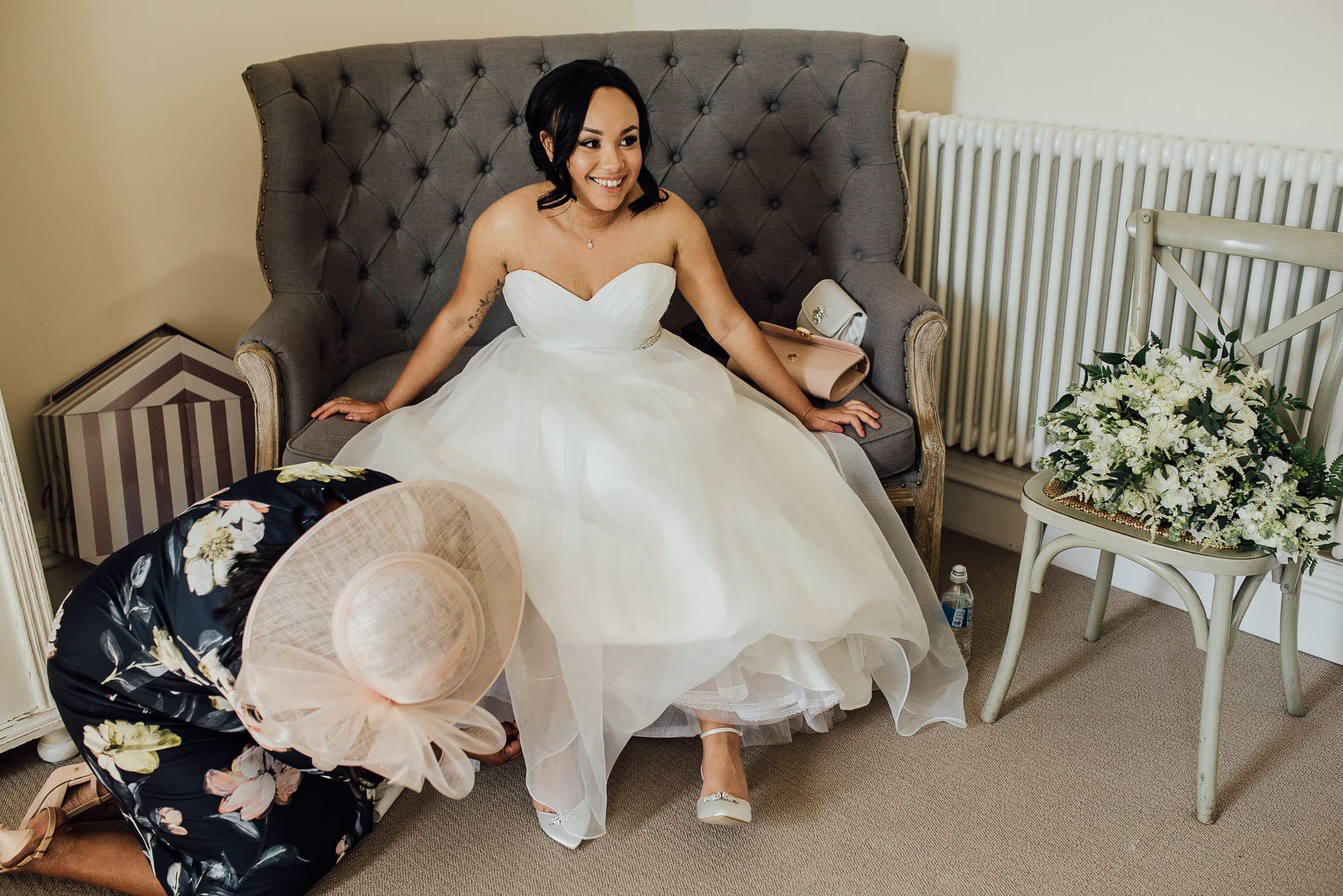 bride in white ballerina strapless wedding gown