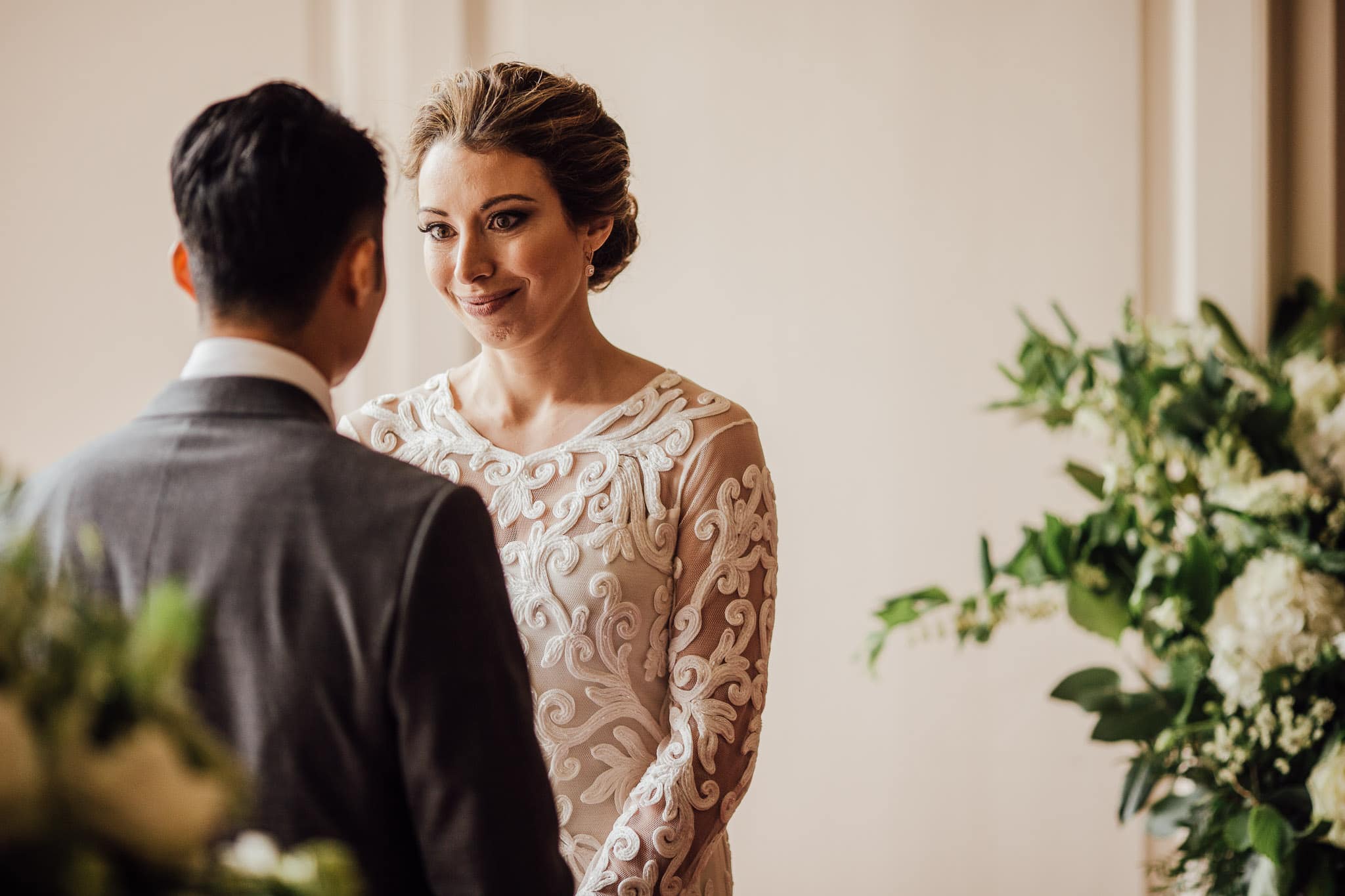 close up of bride during wedding ceremony