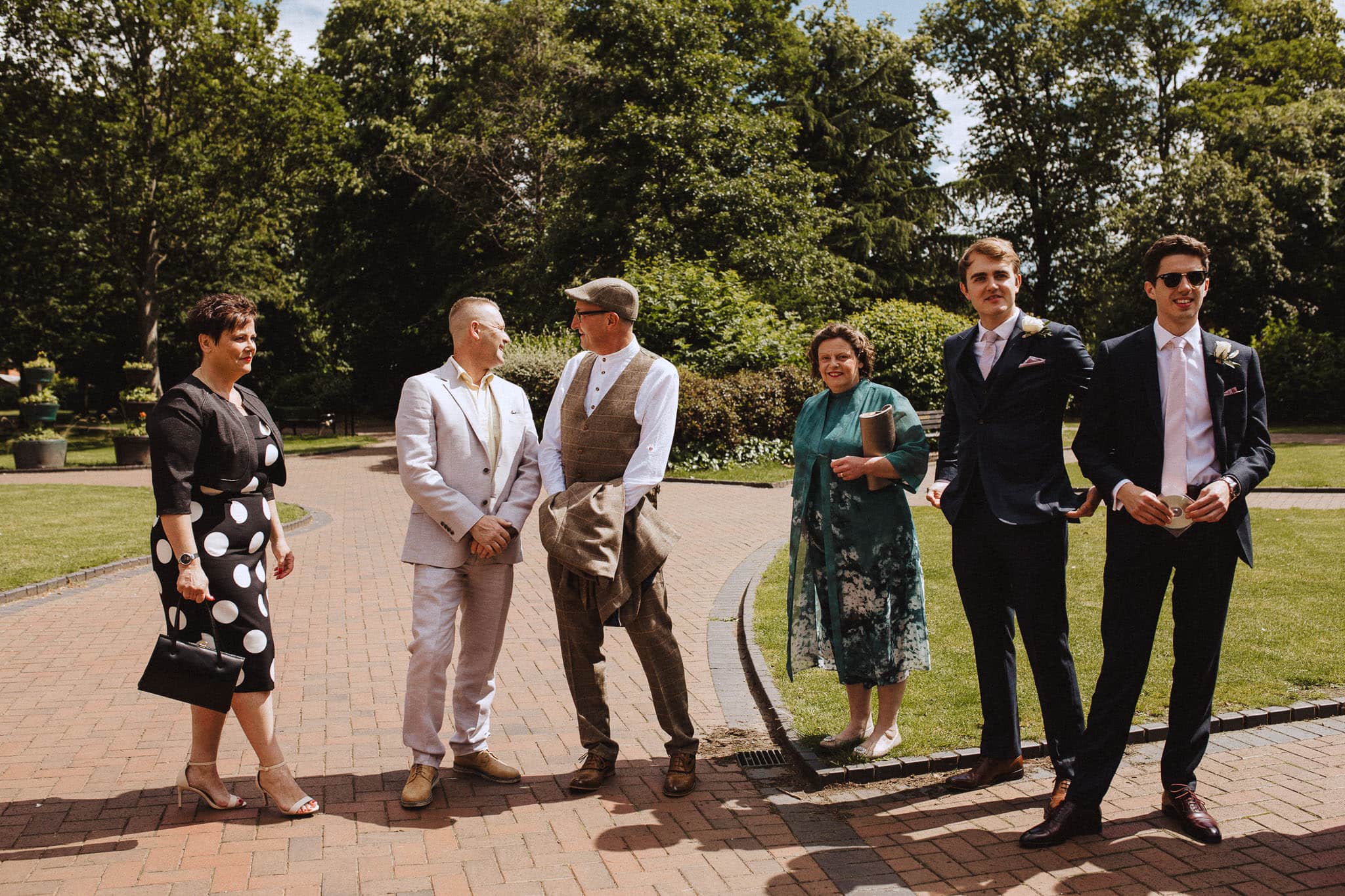 wedding guests outside Bridgford Hall