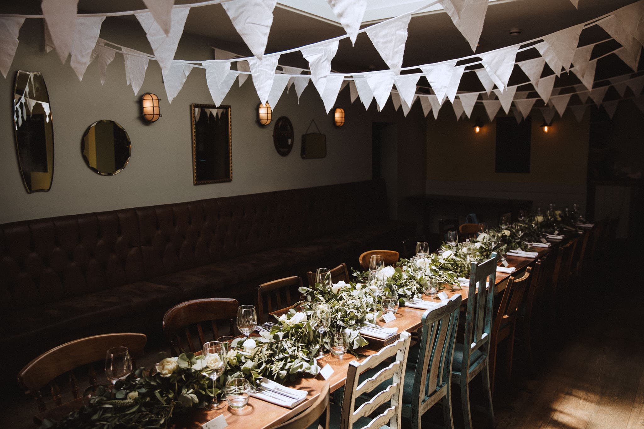 rustic table decor with white and green flowers for pub wedding, Nottingham
