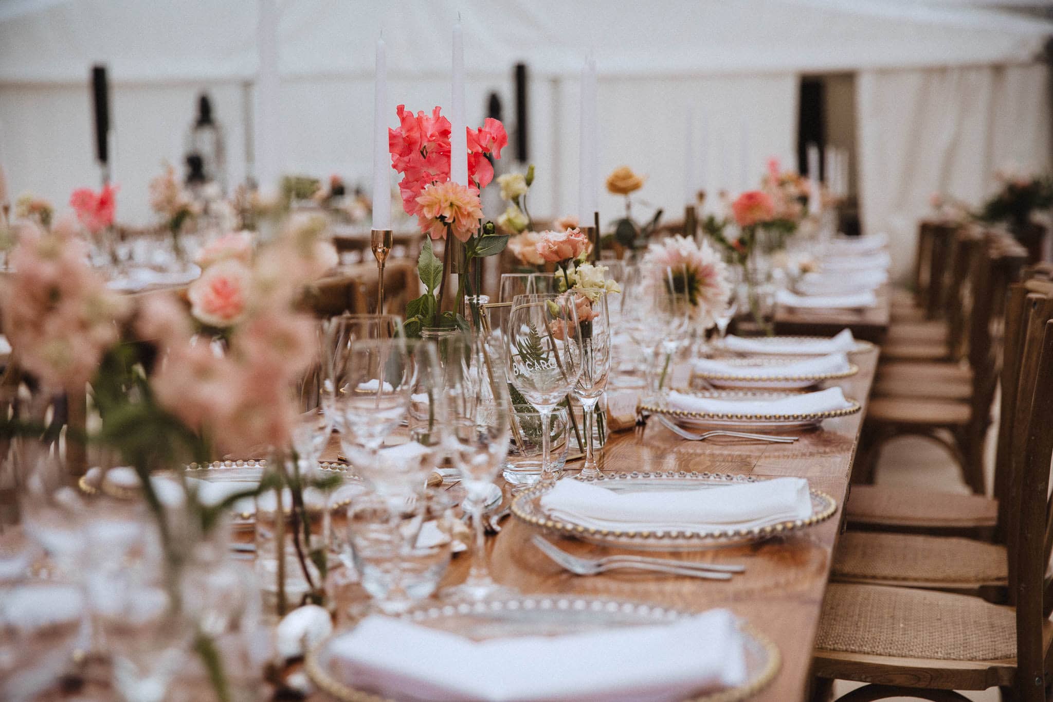 table decor at Sandon Hall wedding pinks and whites