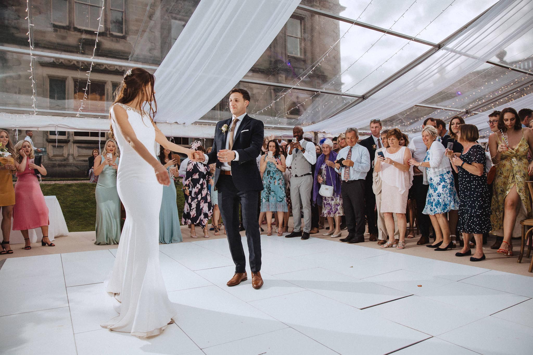 first dance in marquee at Sandon Hall wedding