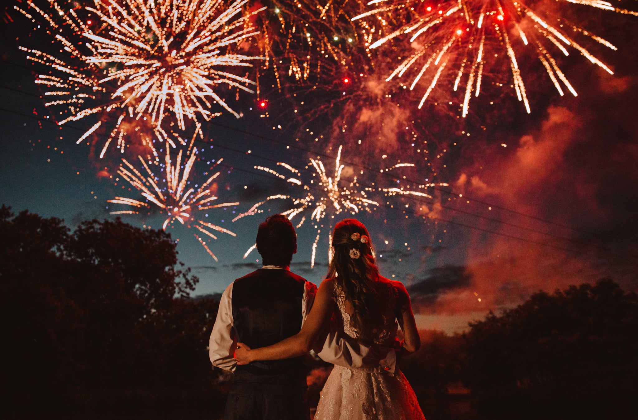 fireworks over the lake at a Leicestershire wedding