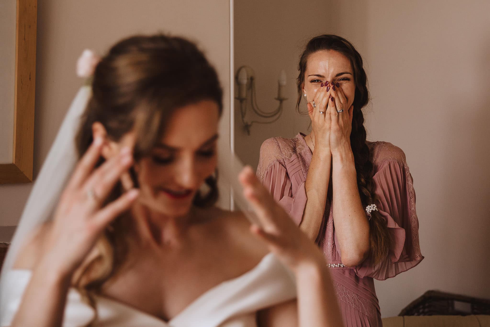 Maid of Honour emotional when she sees bride in her Art Couture wedding dress