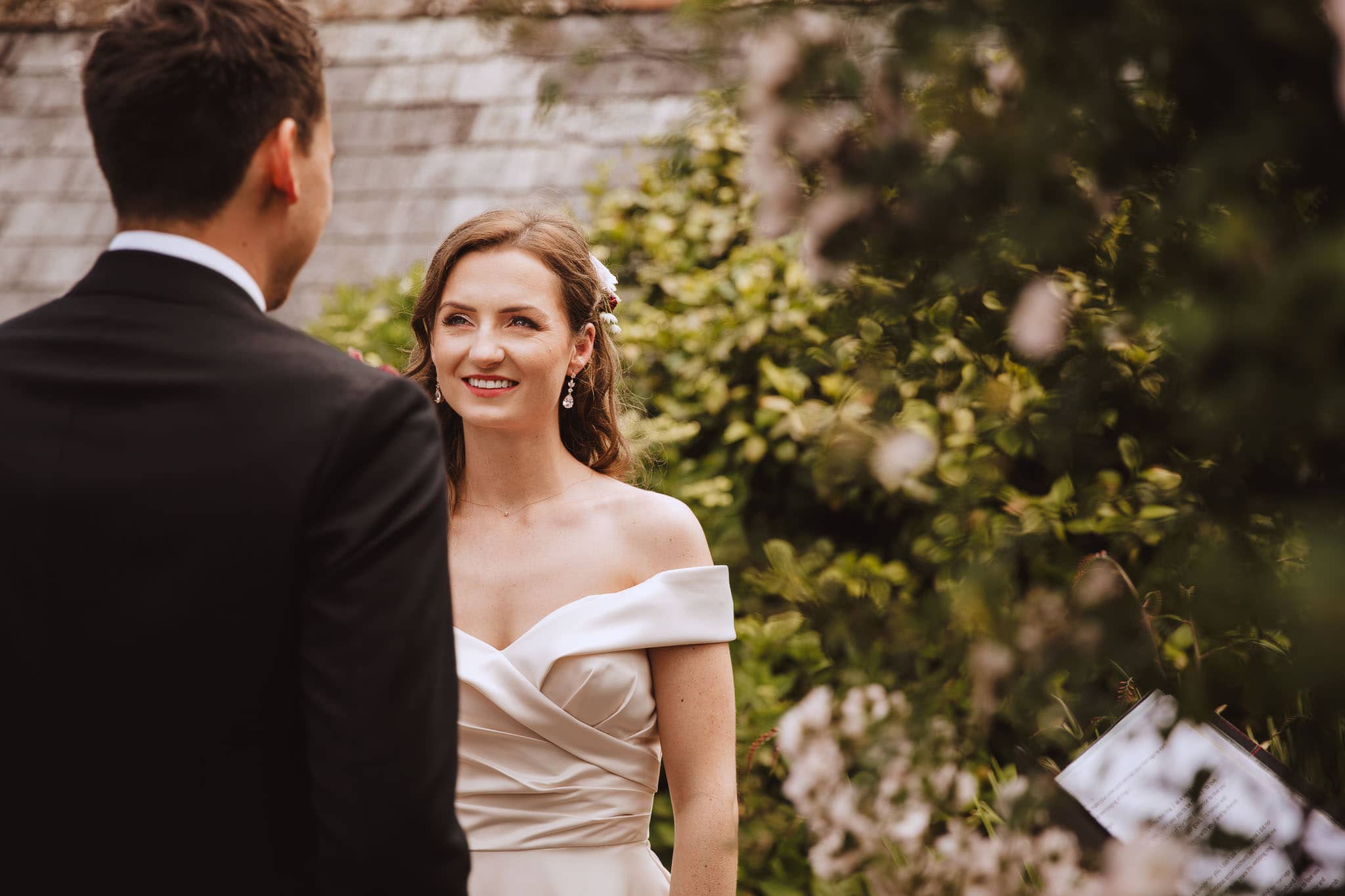 close up of the bride during her back garden wedding ceremony