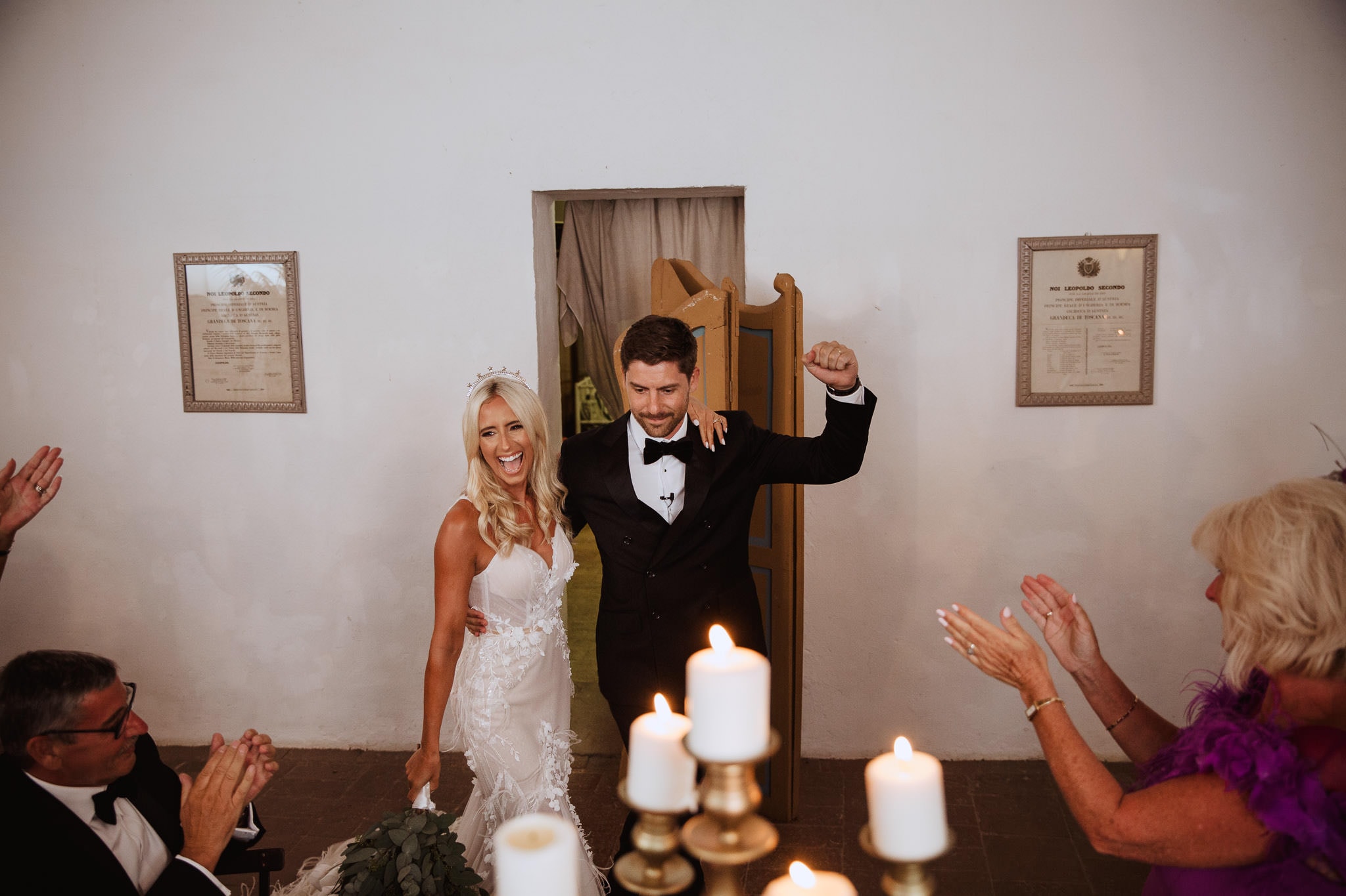 bride and groom entrance to Italian wedding breakfast