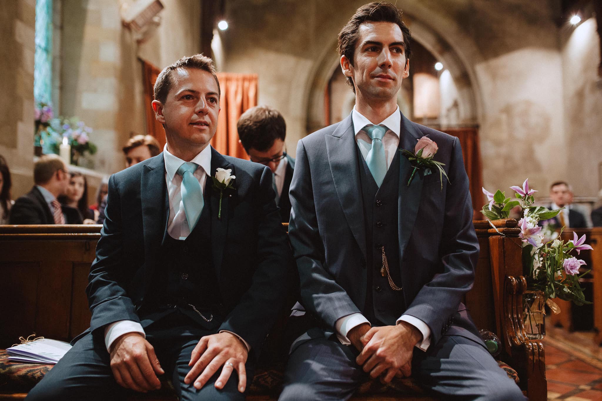 groom and best man waiting inside the Church for their Leicestershire wedding