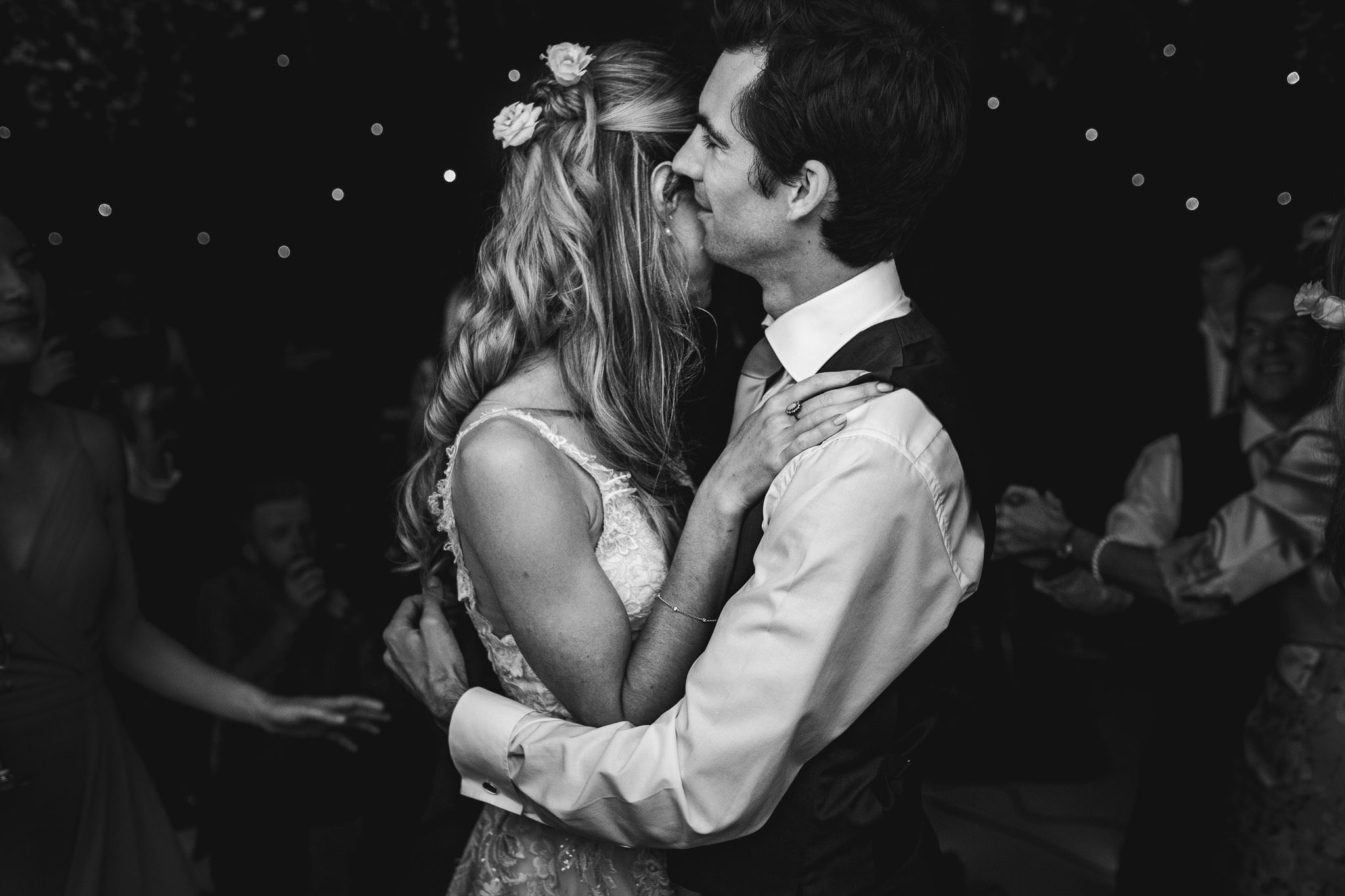 Leicestershire wedding black and white photo of bride and groom on dance floor hugging