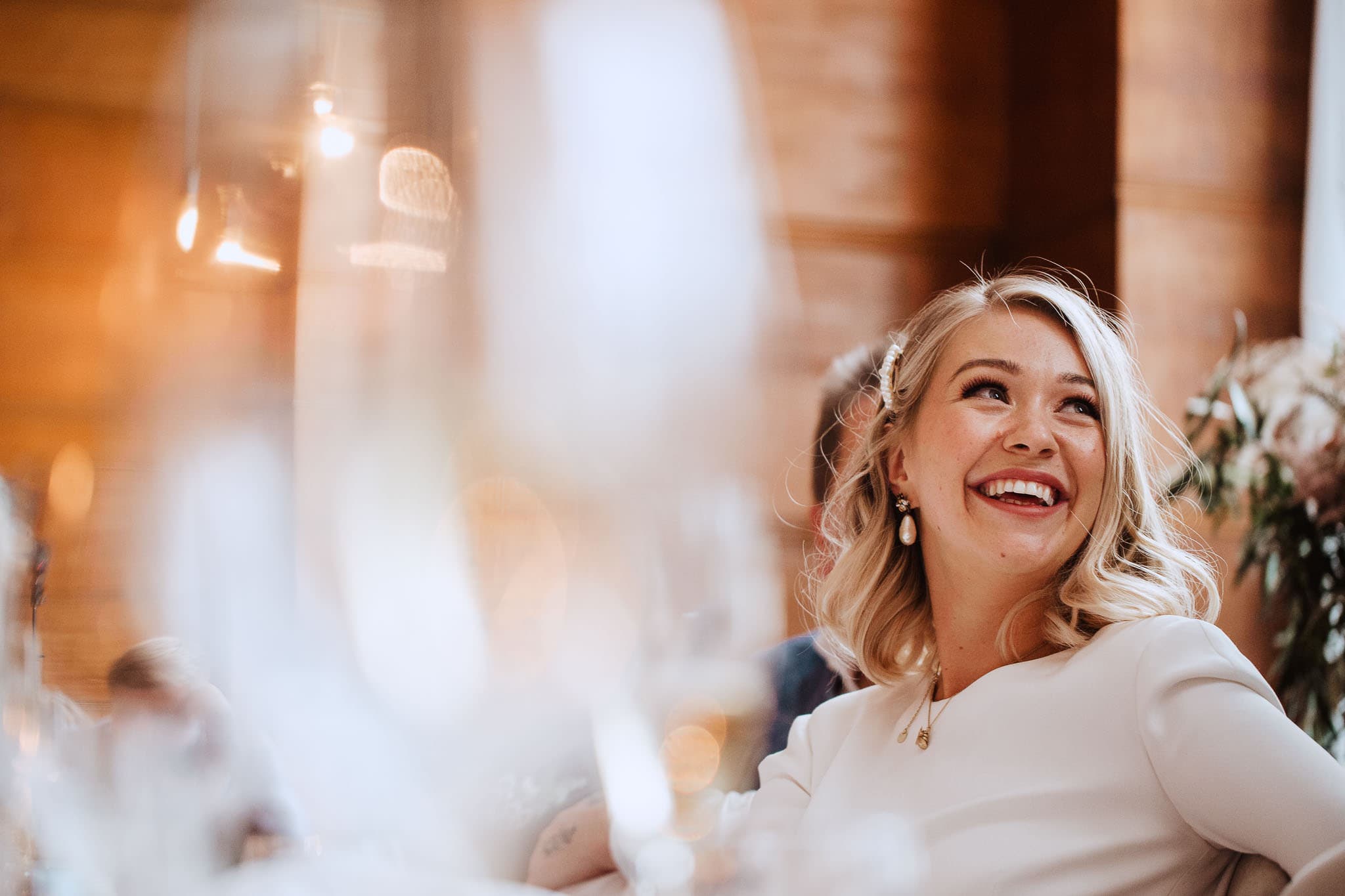 close up of bride during speeches at documentary wedding photography Town Hall Hotel Wedding, London