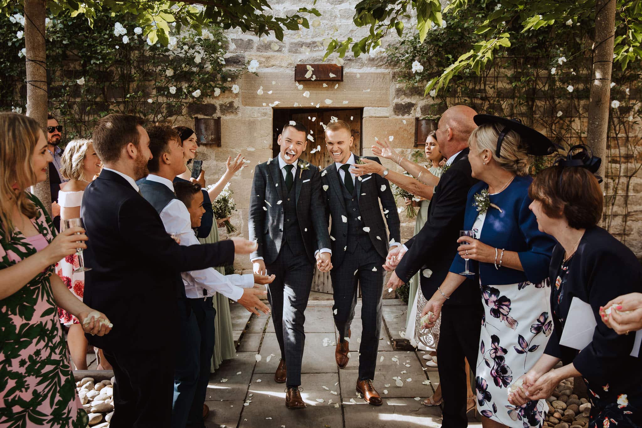 Healey Barn wedding photographers confetti shot