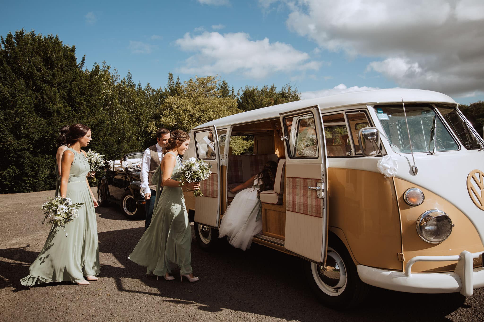 VW camper wedding transport at Healey Barn Wedding