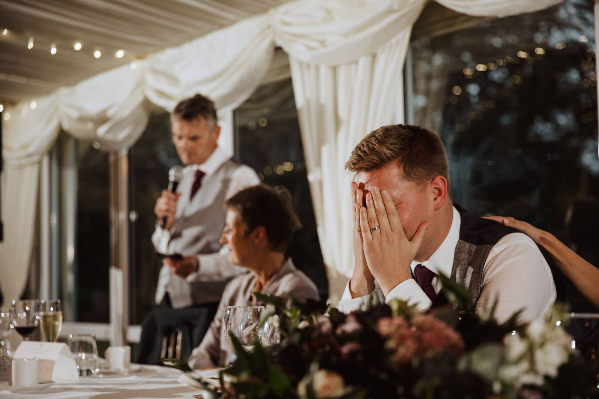funny reactions to best man's speech at Tissington Hall Wedding