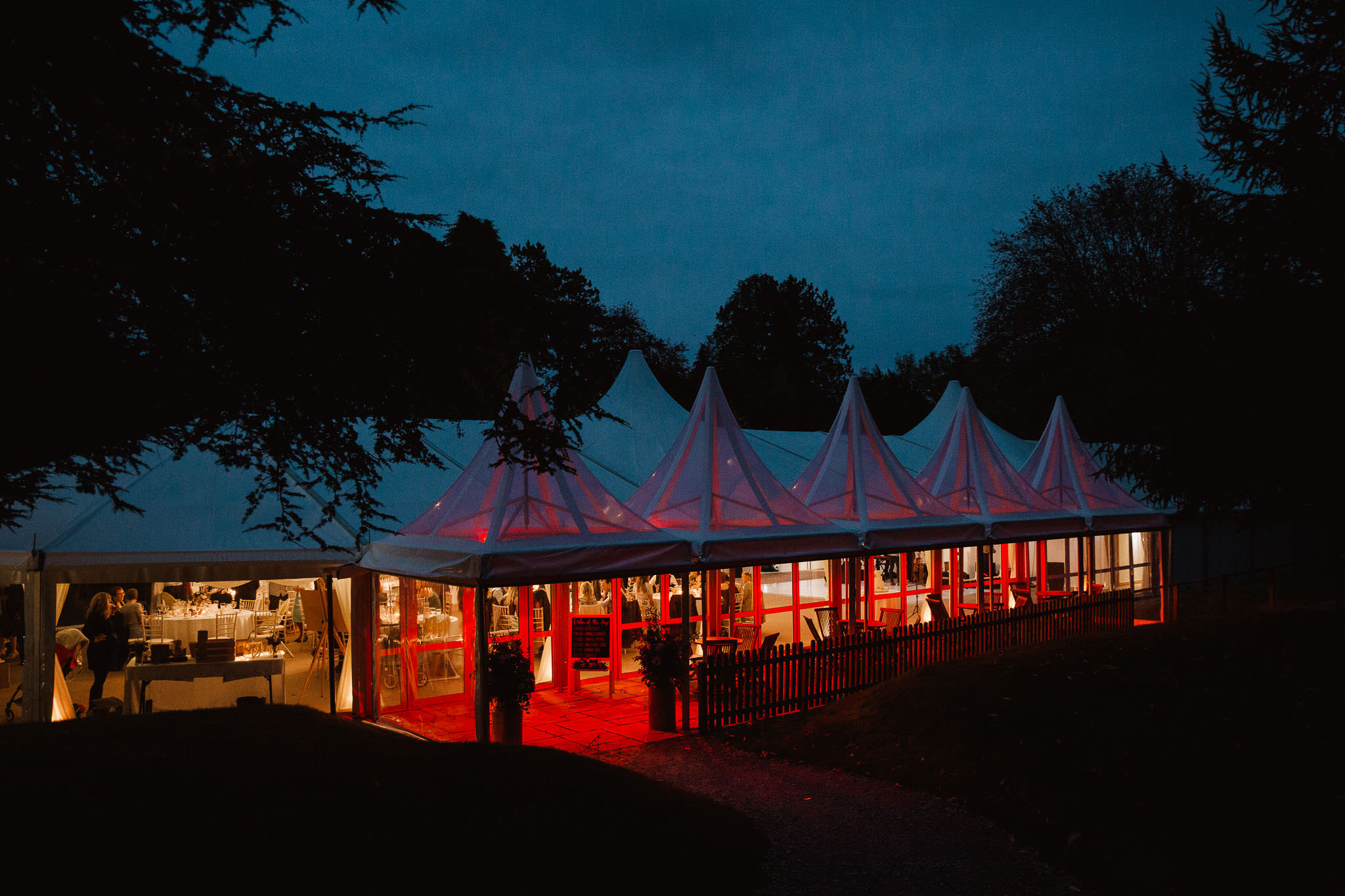 night shot of marquee at Tissington Hall Wedding