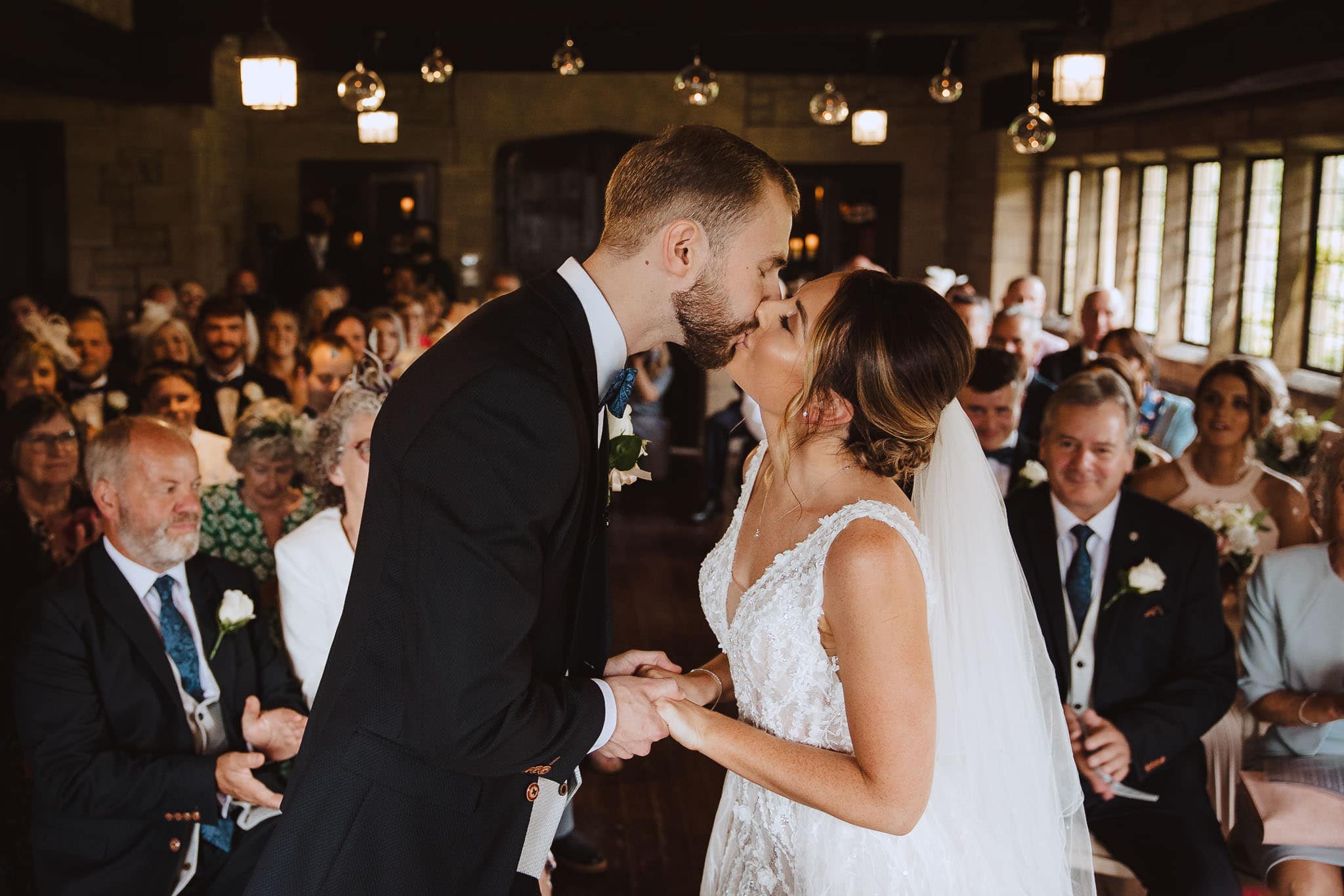 first kiss at Hooton Pagnell Hall wedding