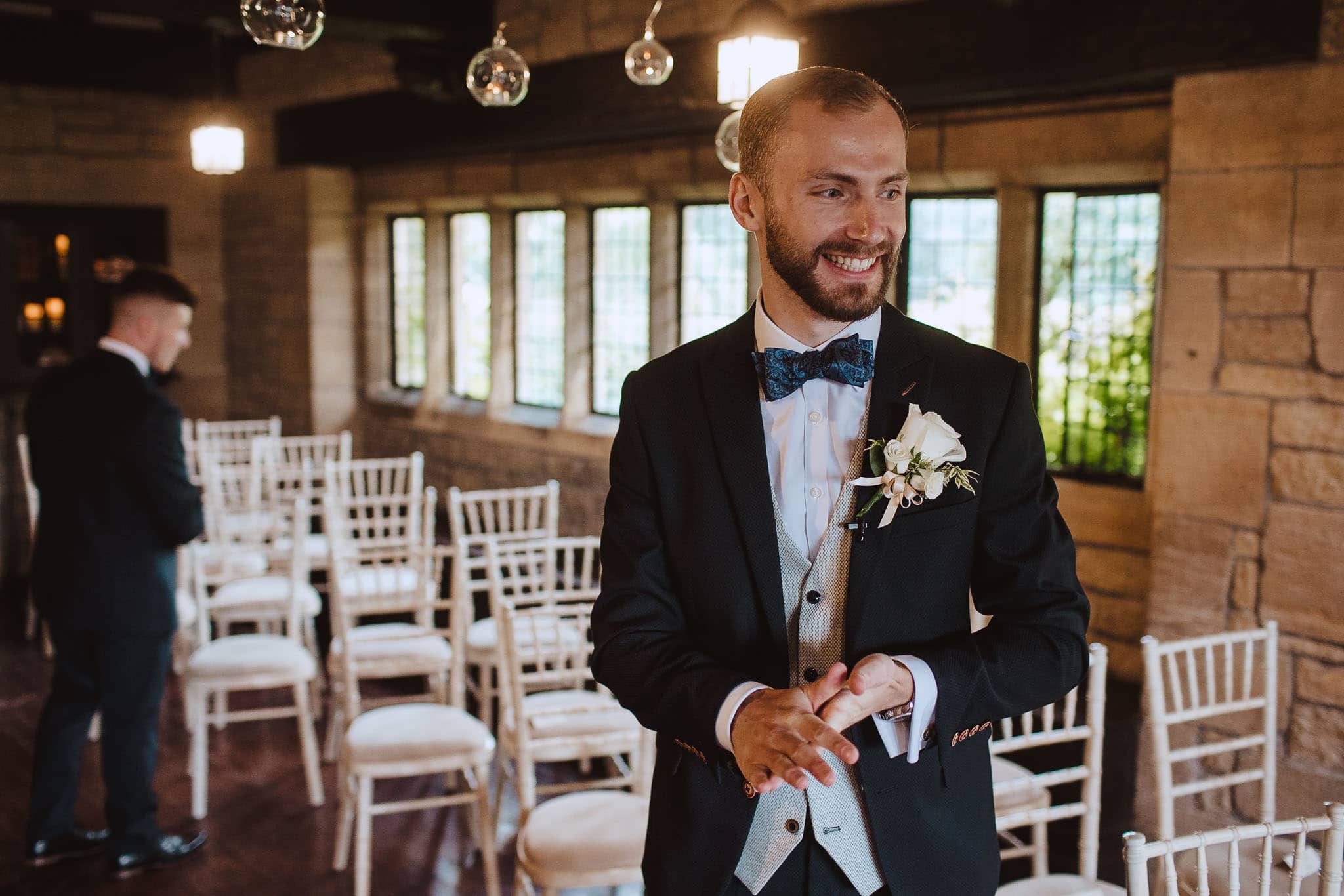 groom waiting for bride at Hooton Pagnell Hall wedding ceremony