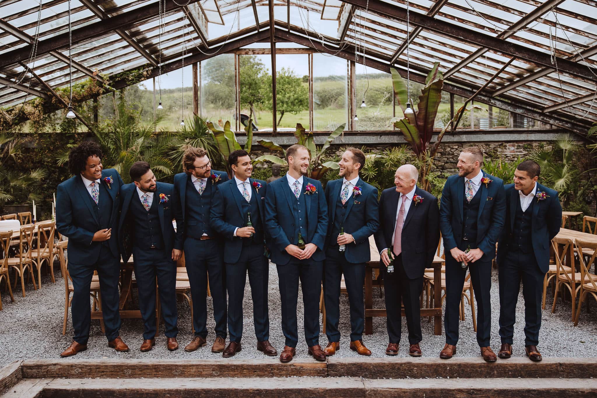 groomsmen in the glasshouse at Anran Tidwell farm