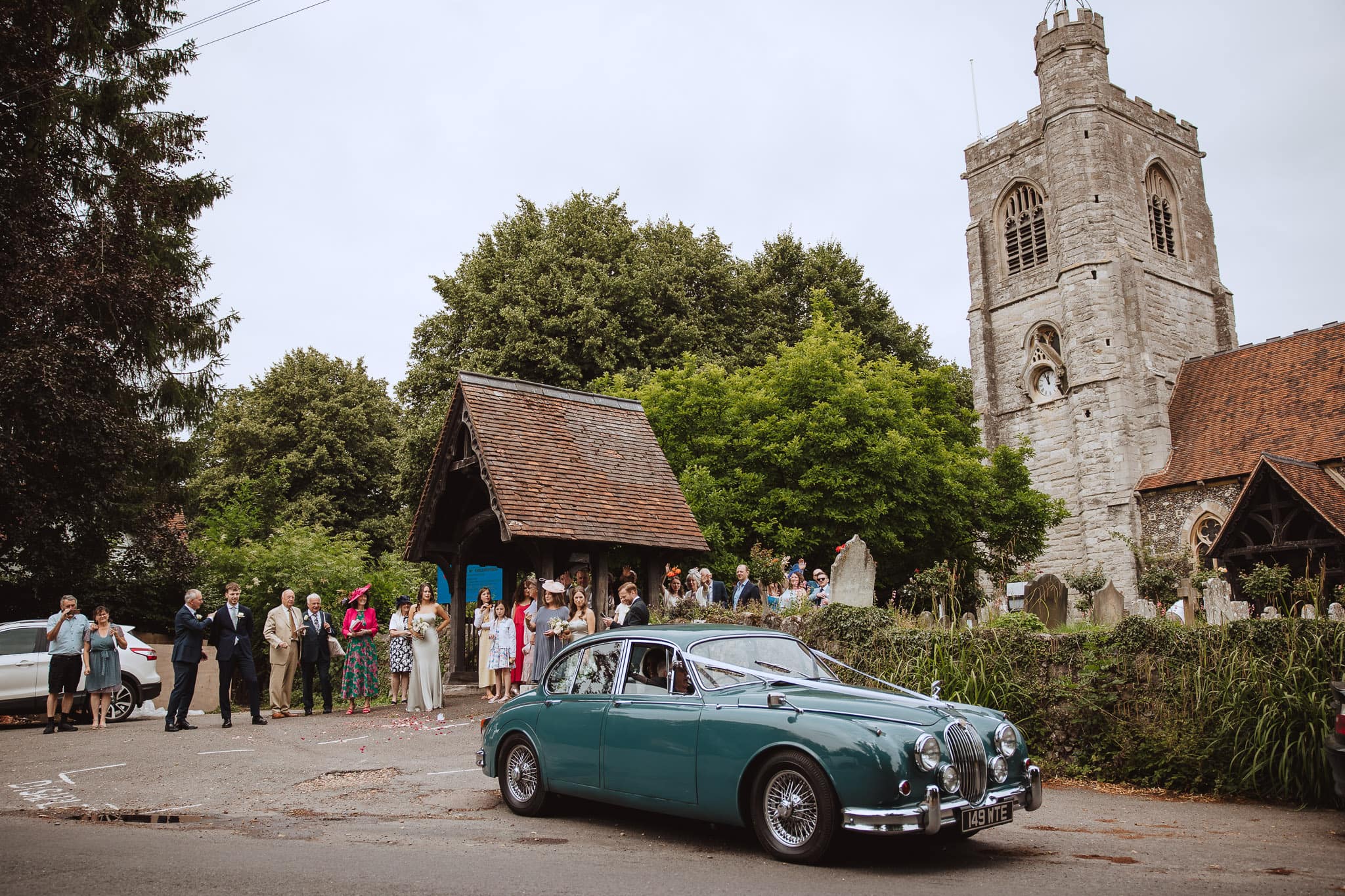 teal vintage wedding car