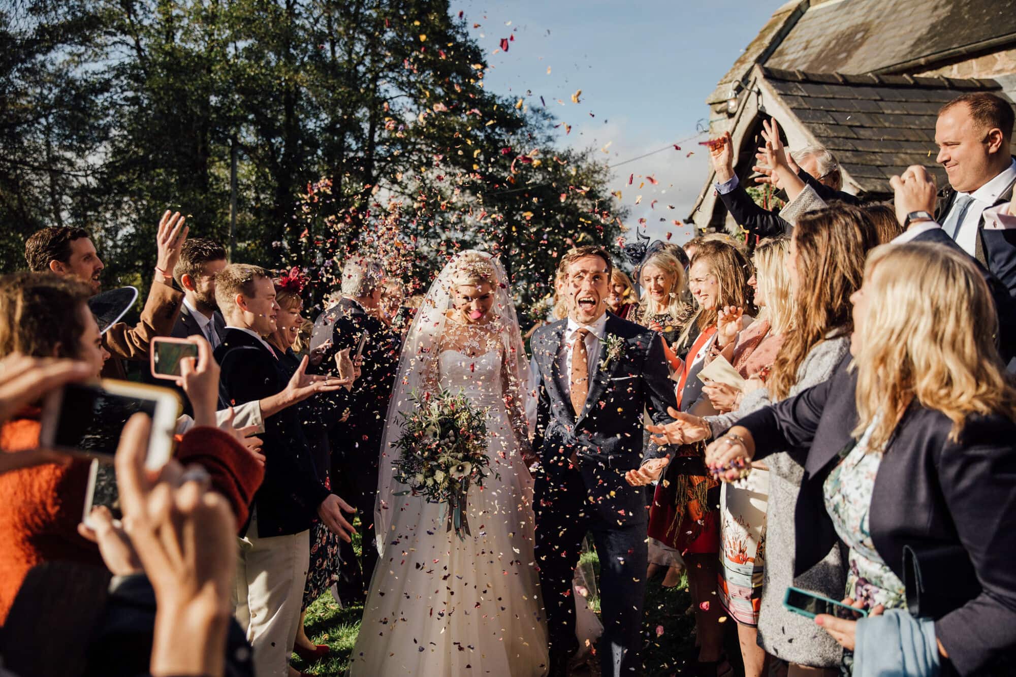 Confetti throw at wedding - wedding photographer in Derbyshire